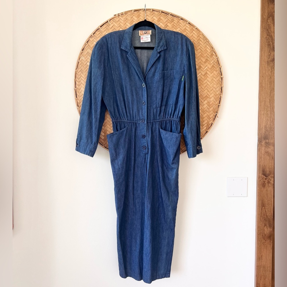 VINTAGE 80’S GENE EWING BIS BIS WRINKLED RICH DENIM DRESS W/ SHOULDER PADS - Picture 5 of 16